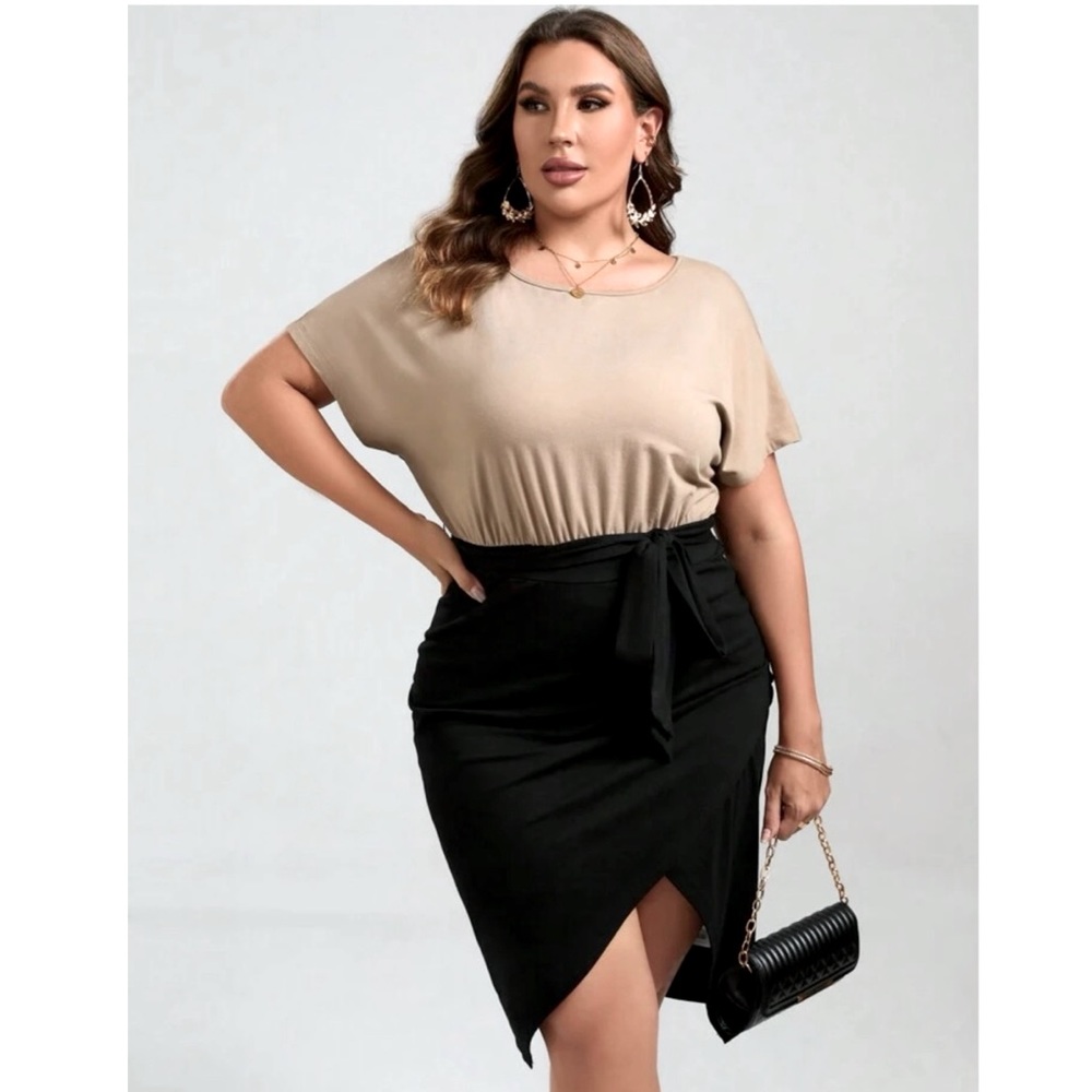 NWOT Women's Plus Size 16 Batwing Sleeve Color Block Dress w/ Bodycon Slit Skirt